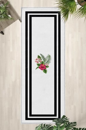 Black Flowers Byz Syh Yıkanabilir Kaymaz Taban Dijital Baskılı Yolluk Halı Siyah
