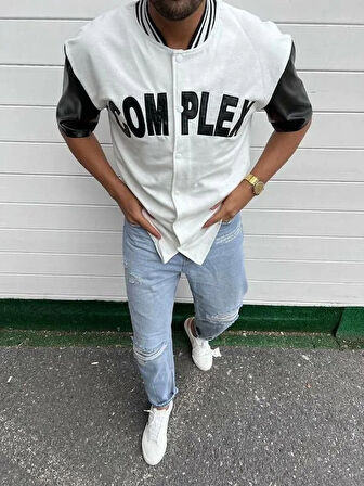 Erkek Complex Kolları Deri Kolej Oversize T-Shirt - Beyaz