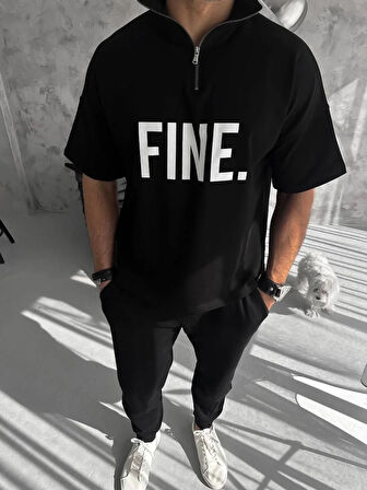 Unisex Baskılı Yarım Fermuarlı T-Shirt - Siyah