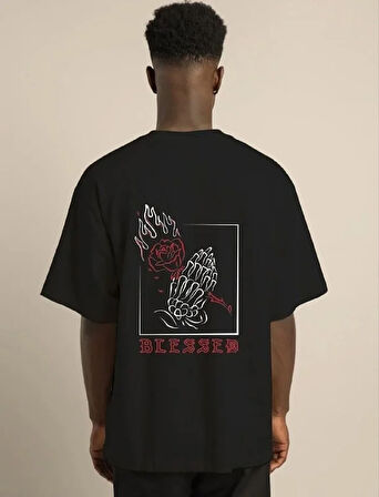 Unisex Bisiklet Yaka Oversize Baskılı T-Shirt - Siyah
