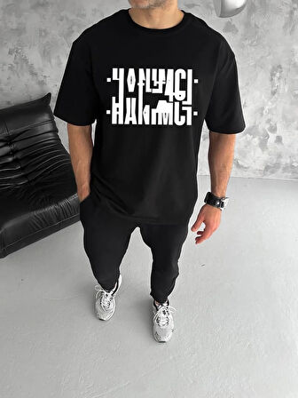 Unisex Bisiklet Yaka Katlanan Baskılı T-Shirt - Siyah