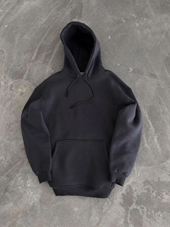 Kapüşonlu Üç İplik Penye Basic SweatShirt - Füme