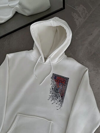 Uzun Kol Kapüşonlu Ön Ve Arka Baskılı SweatShirt - Beyaz