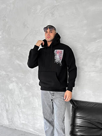 Uzun Kol Kapüşonlu Ön Ve Arka Baskılı SweatShirt - Siyah