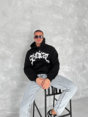 Unisex Üç İplik Kapüşonlu Baskılı SweatShirt - Siyah