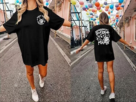 Kadın Bisiklet Yaka Baskılı T-shirt - Siyah
