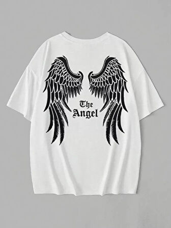 20/1 Penye Compack Dark Angel Baskılı Oversize Kısa Kol Yazlık T-shirt- Beyaz
