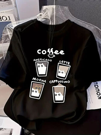 20/1 Penye Compack Baskılı Oversize Bisiklet Yaka Kısa Kol Yazlık T-shirt - Siyah
