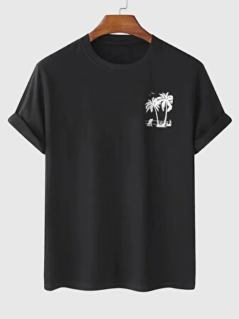 20/1 Penye Compack Palmiye Ön Baskılı Oversize Bisiklet Yaka Kısa Kol Yazlık T-shirt - Siyah