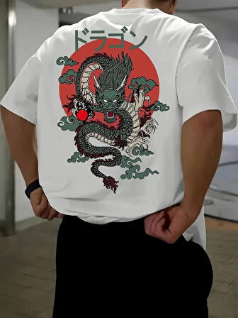 20/1 Penye Compack Ön Arka Ejder Baskılı Oversize Bisiklet Yaka T-shirt - Beyaz