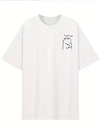 [Günlük T-Shirt] Hafif Kadın Günlük T-Shirt | Bol Kesim, Kısa Kollu, Yuvarlak Yaka, Eğlenceli Karikatür Ayı ve "Umrumda Değil" Baskı - Günlük Stil, İlkbahar/Yaz- Beyaz