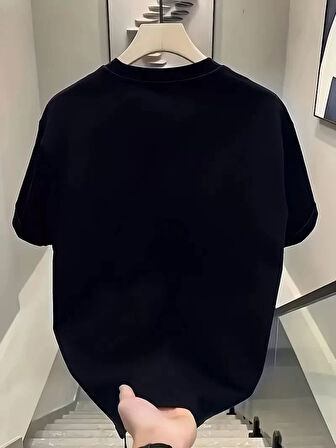 20/1 Penye Compack Day One Baskılı Oversize Bisiklet Yaka T-shirt - Siyah