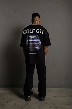 Erkek Sırt Golf Baskılı Oversize T-shirt - Siyah