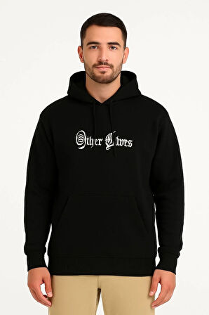 Üç İplik Kapüşonlu Ön ve Arka Baskılı SweatShirt hoodie - Siyah