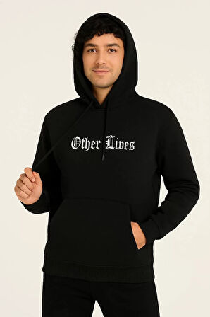 Üç İplik Kapüşonlu Ön ve Arka Baskılı SweatShirt hoodie - Siyah