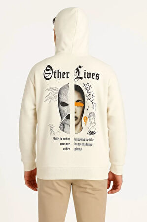 Üç İplik Kapüşonlu Ön ve Arka Baskılı SweatShirt hoodie - Beyaz