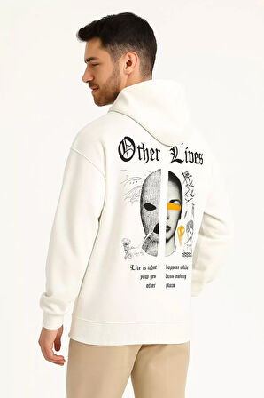 Üç İplik Kapüşonlu Ön ve Arka Baskılı SweatShirt hoodie - Beyaz