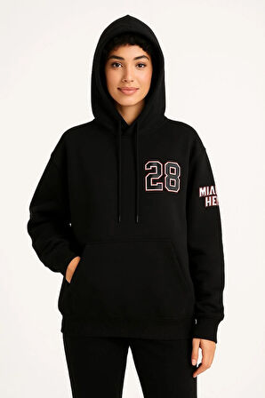 Kadın Üç İplik Kapüşonlu Ön ve Arka Baskılı SweatShirt hoodie - Siyah