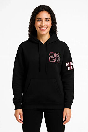 Kadın Üç İplik Kapüşonlu Ön ve Arka Baskılı SweatShirt hoodie - Siyah