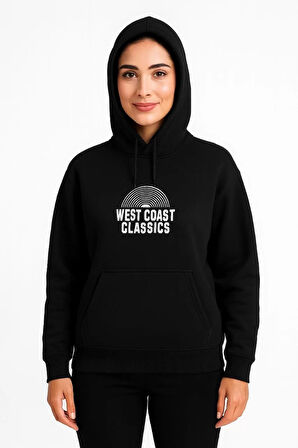 Kadın Üç İplik Kapüşonlu Ön ve Arka Baskılı SweatShirt hoodie - Siyah