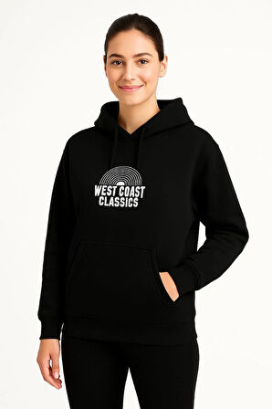 Kadın Üç İplik Kapüşonlu Ön ve Arka Baskılı SweatShirt hoodie - Siyah