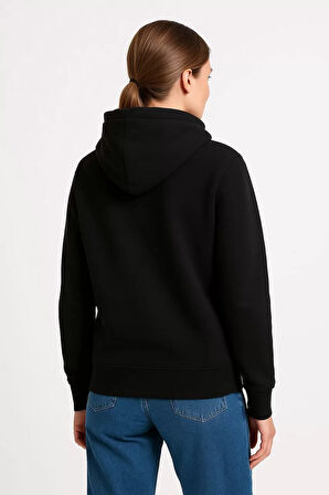 Kadın Üç İplik Kapüşonlu Kanguru Çepli SweatShirt hoodie - Siyah