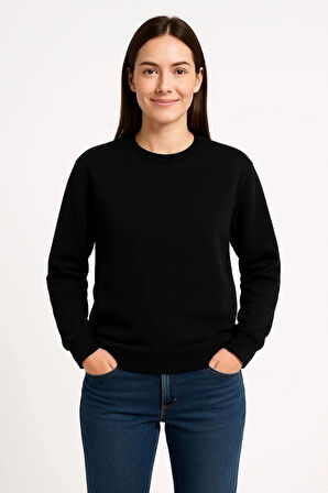 Kadın Üç İplik Düz Bisiklet Yaka SweatShirt - Siyah
