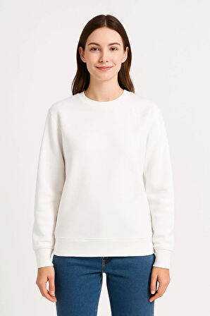 Kadın Üç İplik Düz Bisiklet Yaka SweatShirt - Beyaz