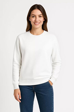 Kadın Üç İplik Düz Bisiklet Yaka SweatShirt - Beyaz