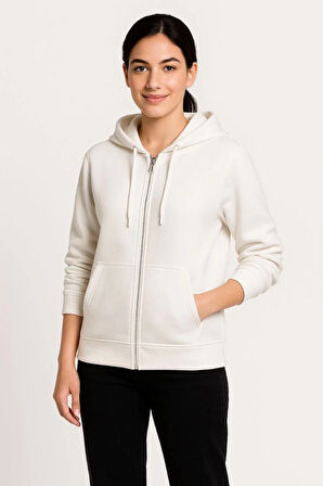 Kadın Üç İplik Kapüşonlu Tam Fermuarlı Kanguru Çepli SweatShirt Hoodie - Beyaz