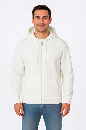 Erkek Üç İplik Kapüşonlu Tam Fermuarlı Kanguru Çepli SweatShirt Hoodie - Beyaz