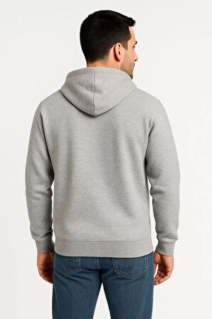 Erkek Üç İplik Kapüşonlu Tam Fermuarlı Kanguru Çepli SweatShirt Hoodie - Gri