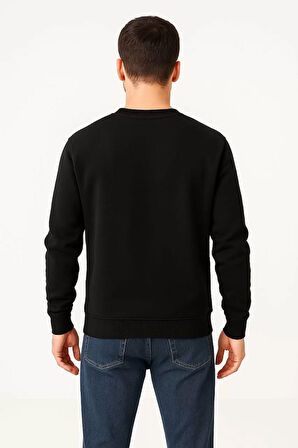Erkek Üç İplik Düz Bisiklet Yaka SweatShirt - Siyah