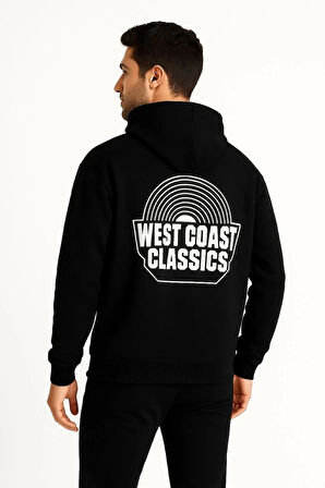 Erkek Üç İplik Kapüşonlu Ön ve Arka Baskılı SweatShirt hoodie - Siyah