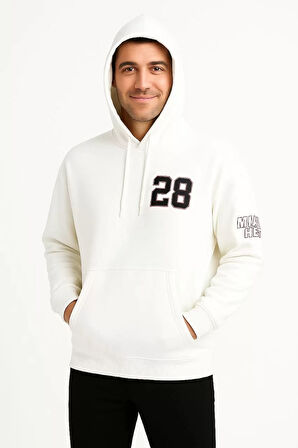 Üç İplik Kapüşonlu Ön ve Arka Baskılı SweatShirt hoodie - Beyaz