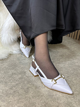 Günlük Kadın Babet Kalın Kısa Topuklu Sivri Burunlu Ayarlanabilir Tokalı Arkası Açık Ayakkabı 456