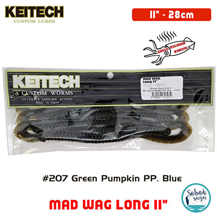 Keitech Mad Wag Long 28cm (11") #207 Green Pumpkin PP. Blue Kokulu Silikon Kurt