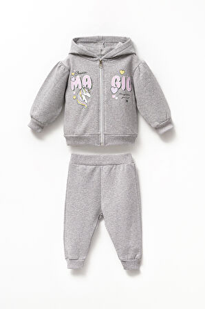 Şardonlu 2 İplik Kız Bebek Fermuarlı Kapşonlu Pamuklu Alt Üst Takım