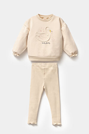 Mevsimlik Uzun Kollu %100 Pamuk Sweat Alt Üst Kız Çocuk İkili Taytlı Takım 1-4 Yaş