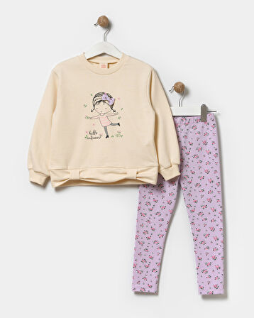 Kız Çocuk Çiçekli Sweatshirt Ve Tayt Pamuklu Alt Üst Takım