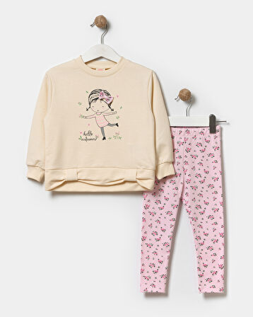 Kız Çocuk Çiçekli Sweatshirt Ve Tayt Pamuklu Alt Üst Takım