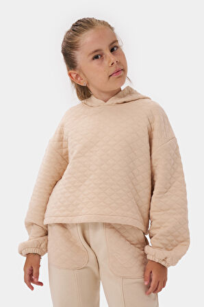 Kız Çocuk Kapşonlu Baskısız Kapitoneli Sweatshirt Eşofman Takımı