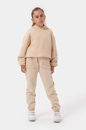 Kız Çocuk Kapşonlu Baskısız Kapitoneli Sweatshirt Eşofman Takımı