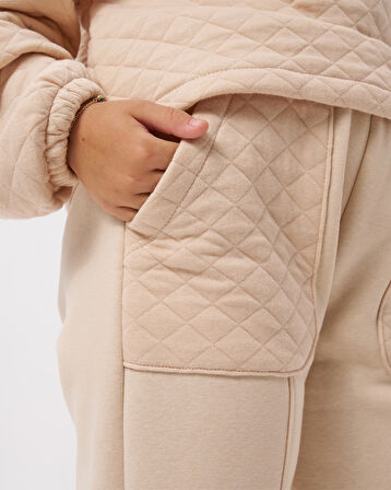 Kız Çocuk Kapşonlu Baskısız Kapitoneli Sweatshirt Eşofman Takımı