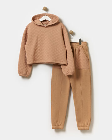 Kız Çocuk Kapşonlu Baskısız Kapitoneli Sweatshirt Eşofman Takımı