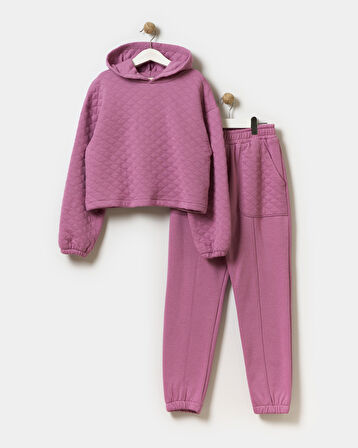 Kız Çocuk Kapşonlu Baskısız Kapitoneli Sweatshirt Eşofman Takımı