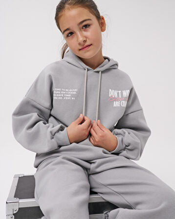 Kız Çocuk Baskılı Oversize Kışlık Eşofman Takımı