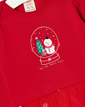 Kız Bebek Çam Ağacı Baskılı Bandanalı Tüllü Yeni Yıl Alttan Çıtçıtlı Body