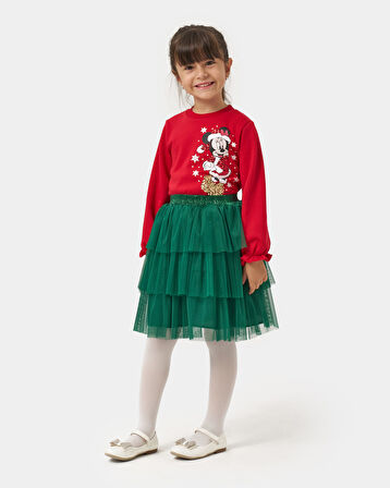 Kız Çocuk Minnie Mouse Noel Konseptli Katlı Tüllü Etekli Yılbaşı Temalı İkili Takım