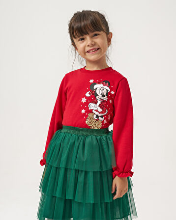 Kız Çocuk Minnie Mouse Noel Konseptli Katlı Tüllü Etekli Yılbaşı Temalı İkili Takım